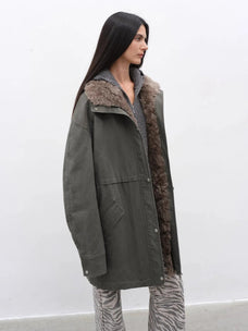 Gray Green Fireladyfur Cool Denim goose down parka side open view with fur trim