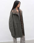Gray Green Fireladyfur Cool Denim goose down parka side open view with fur trim
