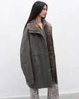 Gray Green Fireladyfur Cool Denim goose down parka side open view with fur trim
