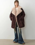 Fireladyfur Modern Introduction Brown Purple goose down parka front view on model