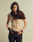 Women's mink fur triangle scarf in Raw Coffee – styled on model | Firelady Fur