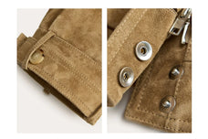Firelady Fur Women's Suede & Oil-Wax Sheepskin Cropped Jacket – Puff-Sleeve Stand-Collar Design with Dual-Material Panels