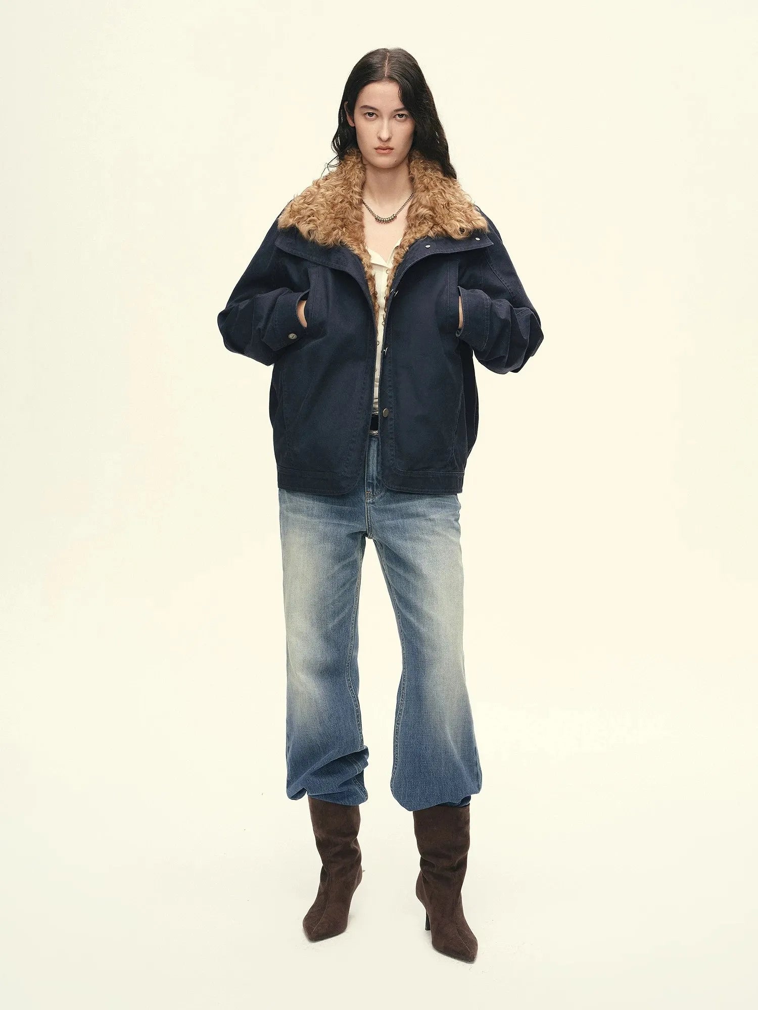 Firelady Fur Women's 90% Goose Down Parka – Enzyme-Washed Shell & Detachable Curly Hu Sheep Fur Collar