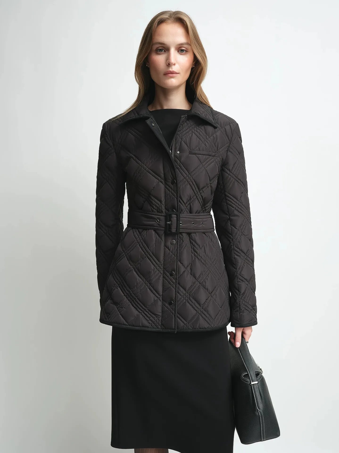 Firelady Fur Women's Belted Quilted Down Jacket – Diamond-Stitch Design