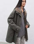 Gray Green Fireladyfur Cool Denim detachable fur trim goose down parka close front view