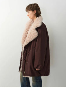 Fireladyfur Modern Introduction Brown Purple Tuscan wool collar parka side view on model