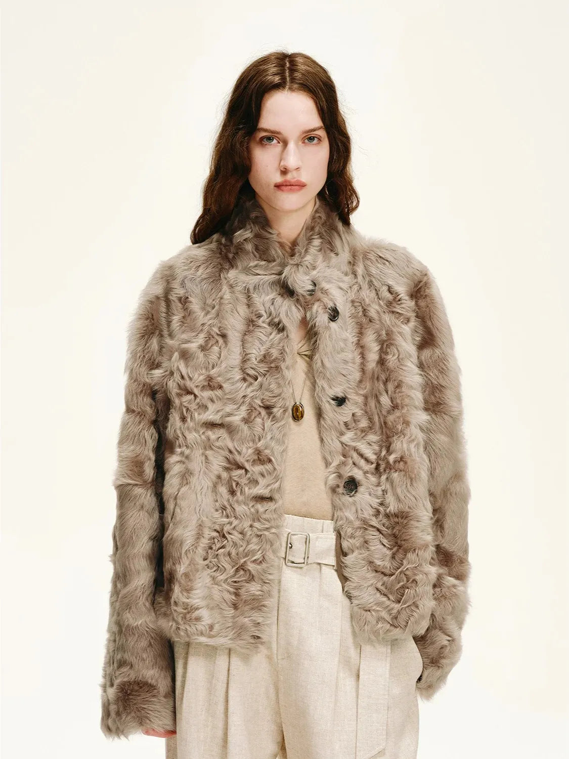 Firelady Fur Women's Young Hu Sheepskin Shearling Coat – Lightweight Cropped Stand-Collar Jacket with Natural Water-Wave Curls
