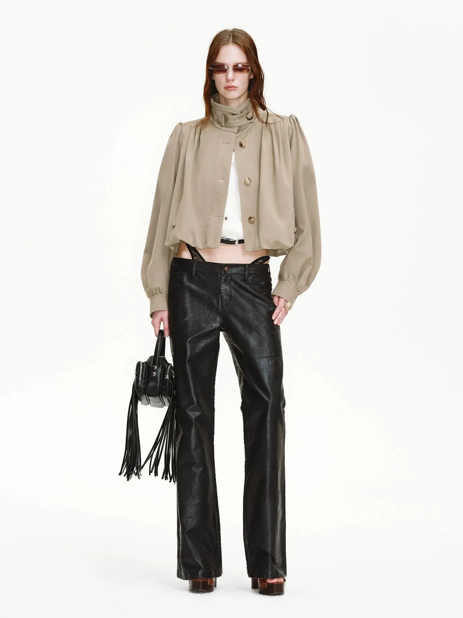 Firelady Fur Women's Cropped Trench Jacket – Ruched Balloon Sleeves