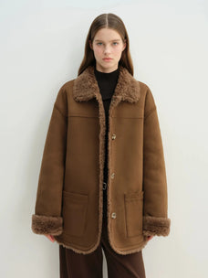 Manteau réversible pour femme Firelady en faux daim et imitation peau lainée – Col tailleur