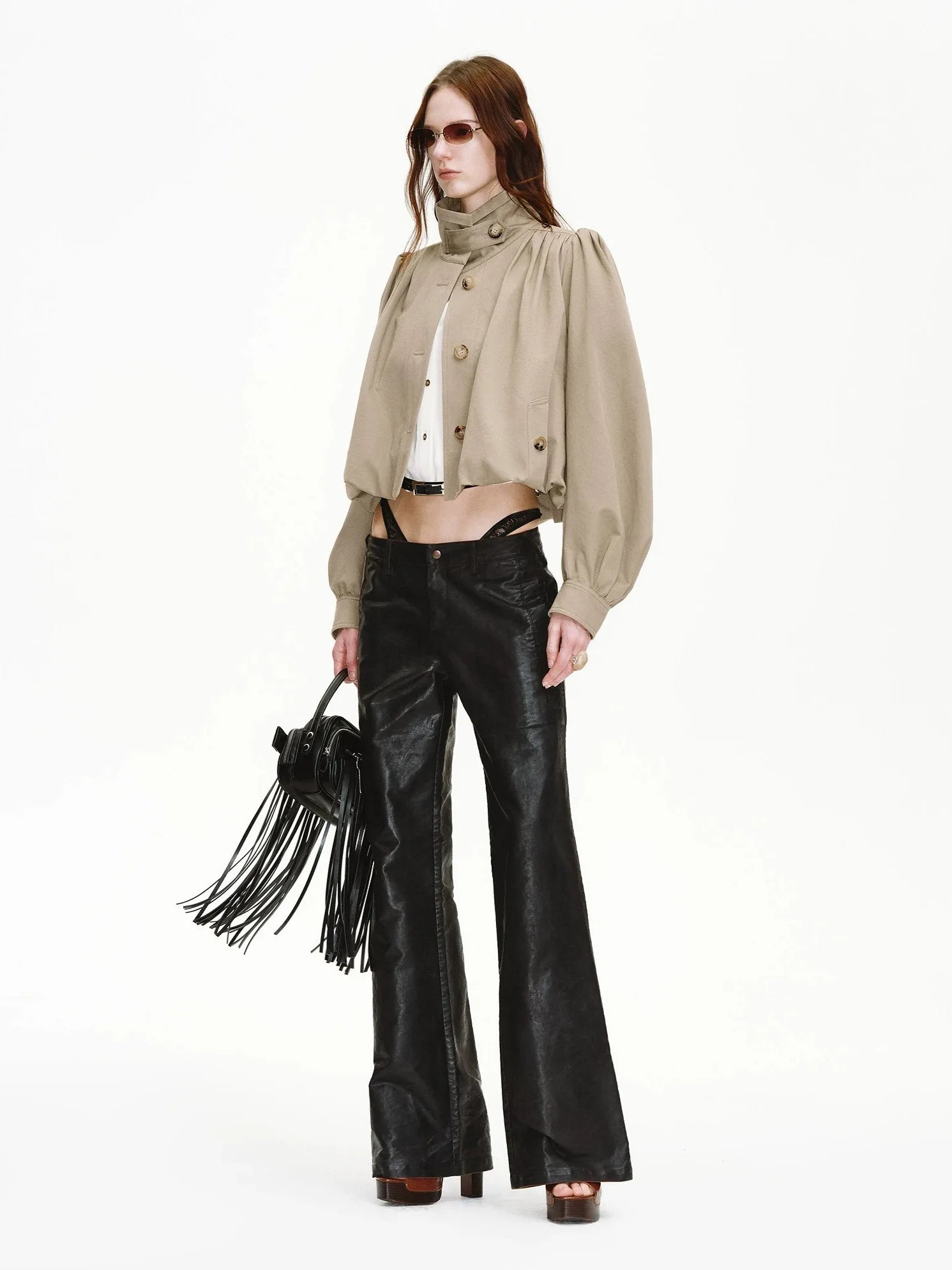 Firelady Fur Women's Cropped Trench Jacket – Ruched Balloon Sleeves