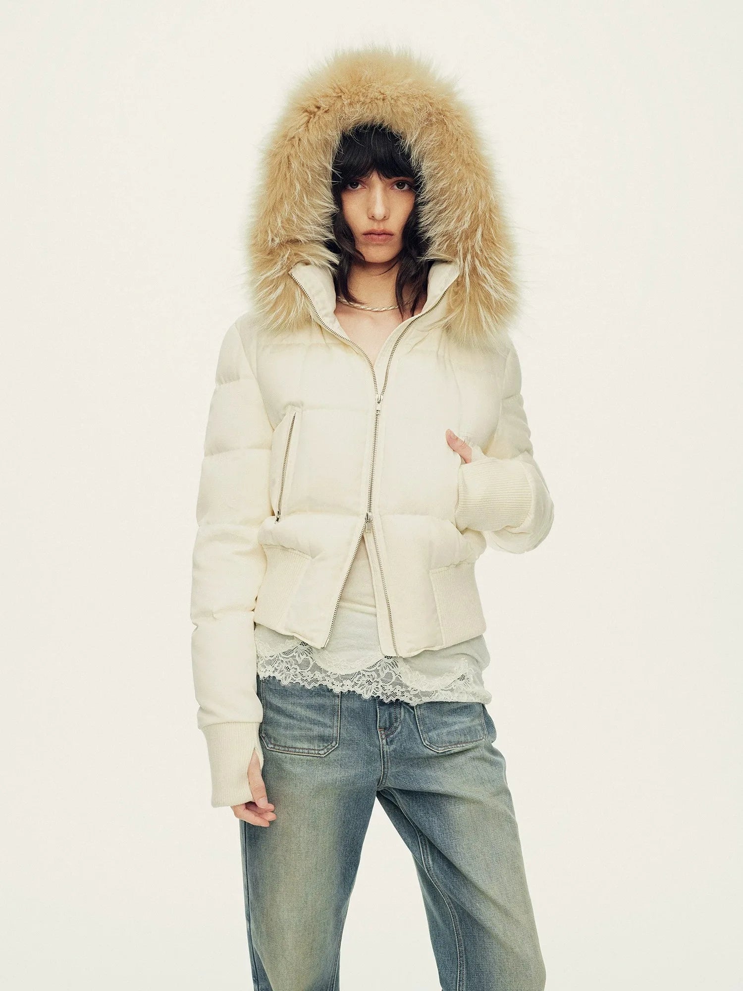Parka courte en duvet pour femme Firelady Fur – Col en fourrure de raton laveur