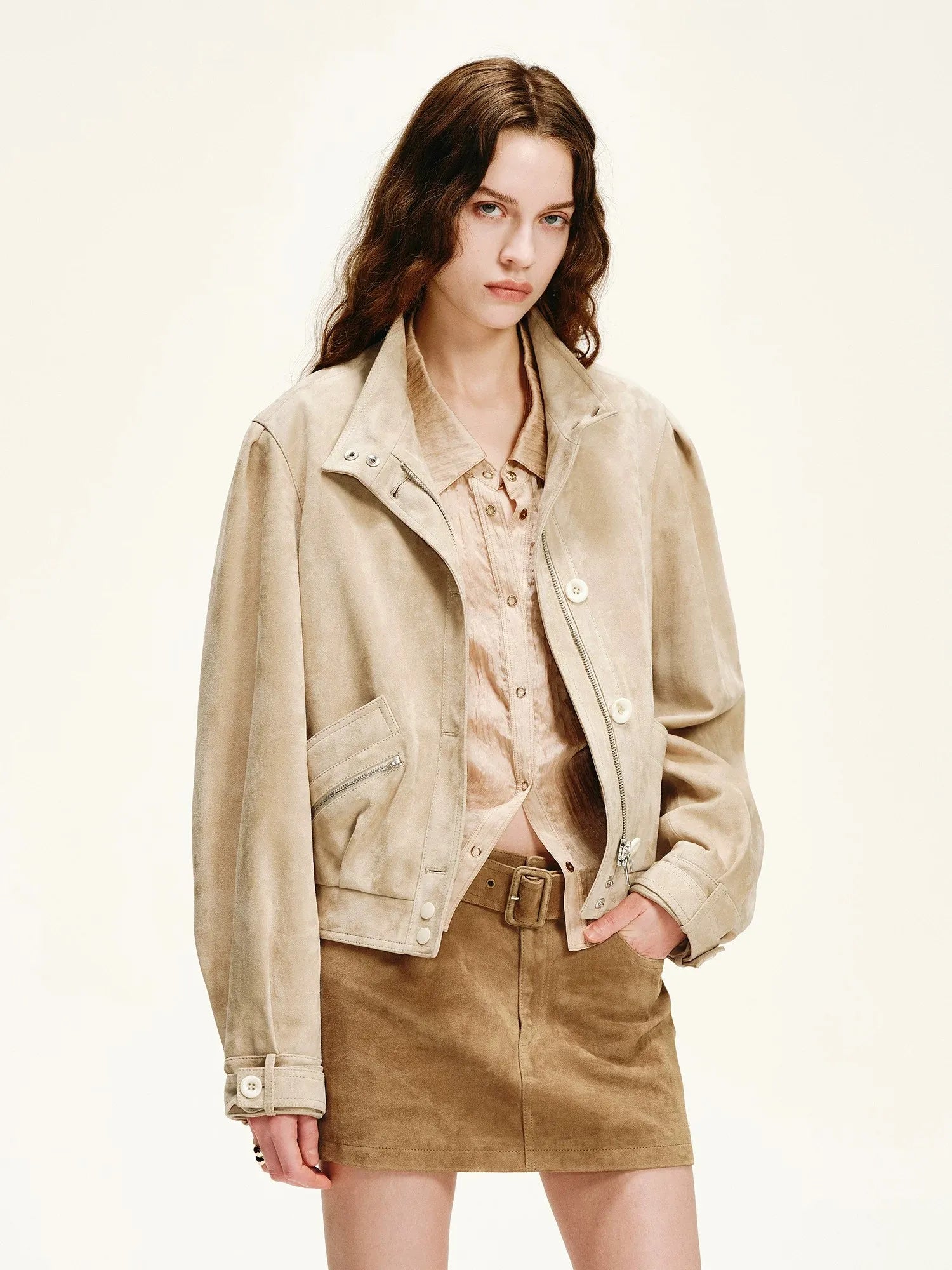 Firelady Fur Women's Suede & Oil-Wax Sheepskin Cropped Jacket – Puff-Sleeve Stand-Collar Design with Dual-Material Panels