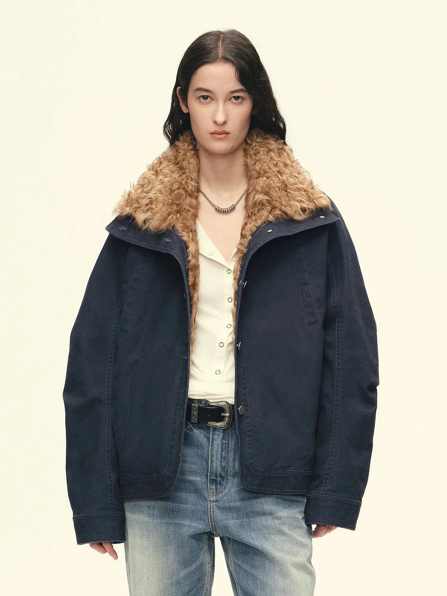 Firelady Fur Women's 90% Goose Down Parka – Enzyme-Washed Shell & Detachable Curly Hu Sheep Fur Collar