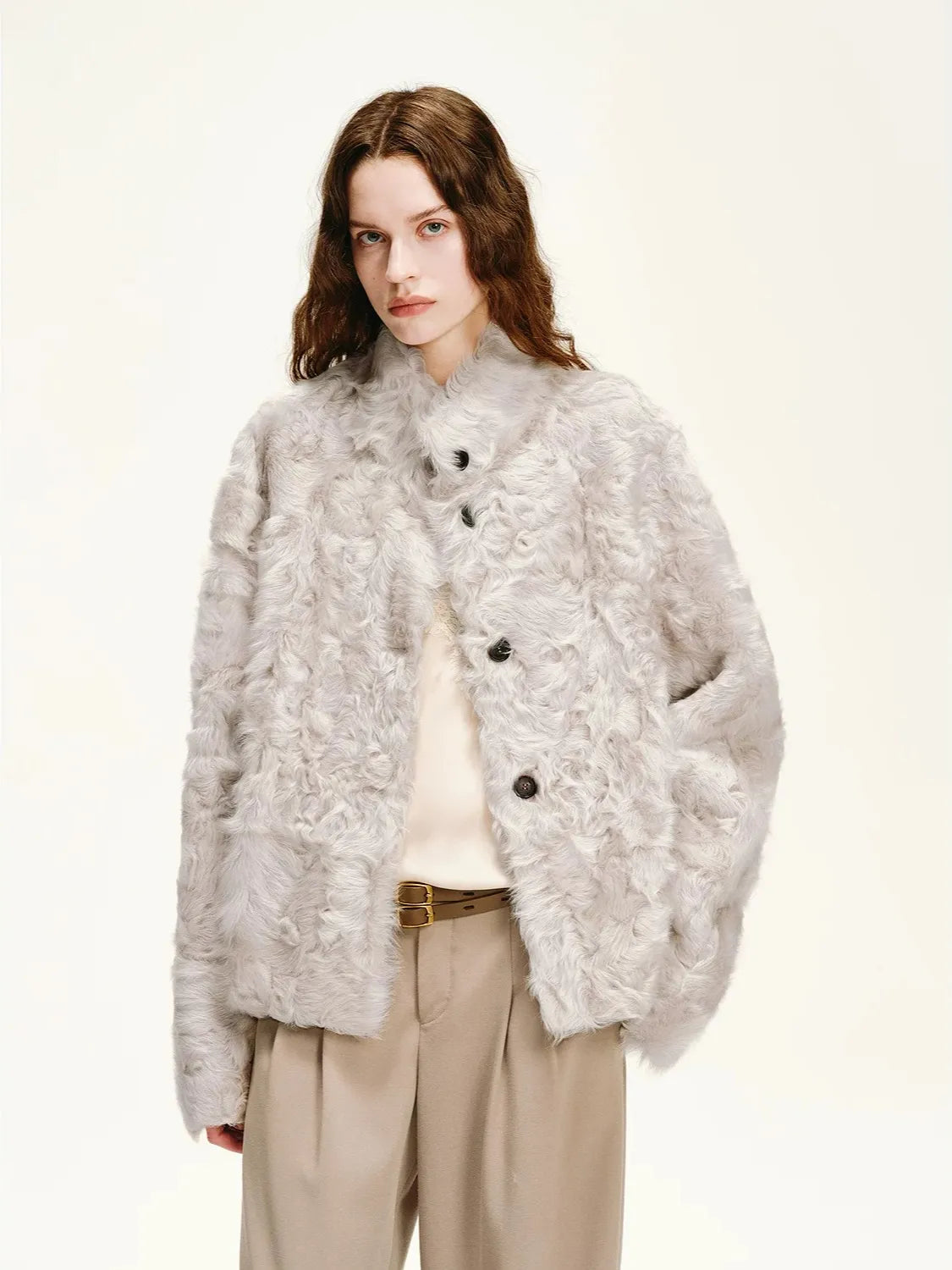 Firelady Fur Women's Young Hu Sheepskin Shearling Coat – Lightweight Cropped Stand-Collar Jacket with Natural Water-Wave Curls