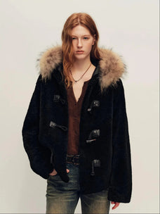Firelady Fur Women's Hooded Merino Shearling Coat with Detachable Fur Collar and Toggle Closure