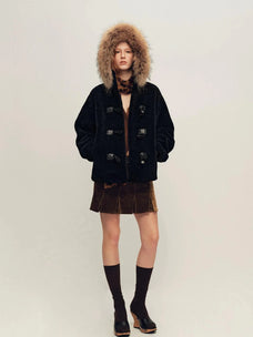 Firelady Fur Women's Hooded Merino Shearling Coat with Detachable Fur Collar and Toggle Closure