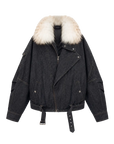 Fireladyfur Women’s Flocked Denim Goose Down Parka with Detachable Fox Fur Collar“City Travel”
