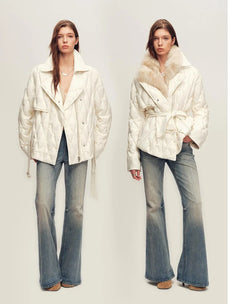 Veste matelassée ceinturée en duvet pour femme, à col amovible en fourrure de renard – Firelady Fur