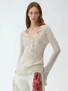 Fashionable cotton and linen beaded fancy yarn waisted bell sleeves round neck cardigan knitted top"Perry Moonlight"
