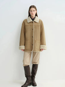 Manteau réversible pour femme Firelady en faux daim et imitation peau lainée – Col tailleur