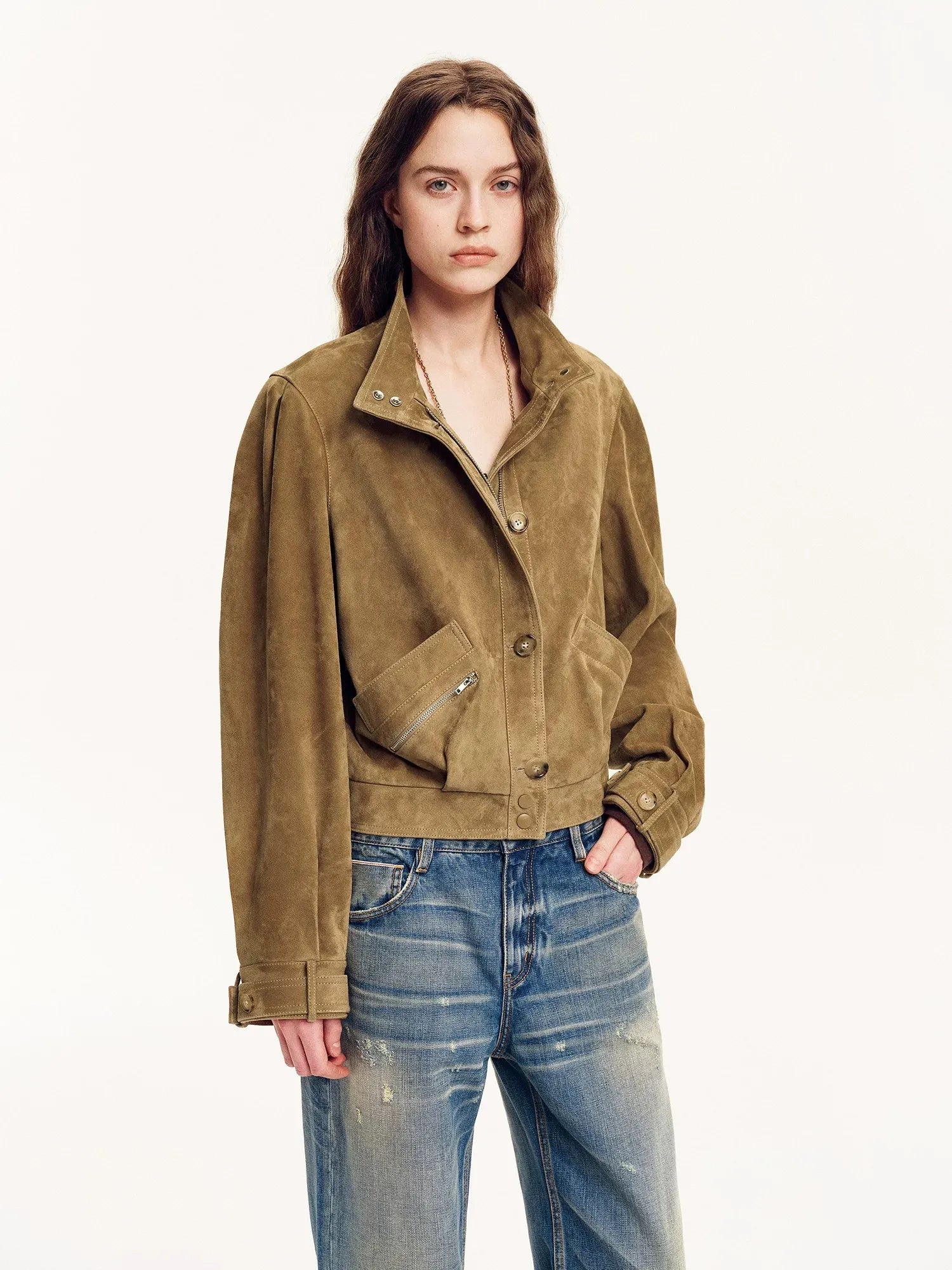 Firelady Fur Women's Suede & Oil-Wax Sheepskin Cropped Jacket – Puff-Sleeve Stand-Collar Design with Dual-Material Panels