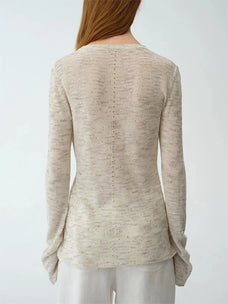 Fashionable cotton and linen beaded fancy yarn waisted bell sleeves round neck cardigan knitted top"Perry Moonlight"