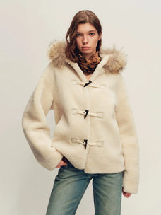 Firelady Fur Women's Hooded Merino Shearling Coat with Detachable Fur Collar and Toggle Closure