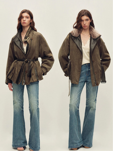 Firelady Fur Women's Belted Corduroy Down Parka with Detachable Shearling Collar