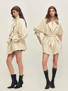 Firelady Fur Women's Belted Down Trench Coat with Detachable Shearling Collar