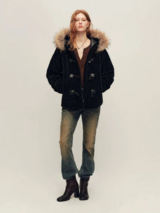 Firelady Fur Women's Hooded Merino Shearling Coat with Detachable Fur Collar and Toggle Closure