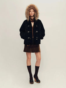 Firelady Fur Women's Hooded Merino Shearling Coat with Detachable Fur Collar and Toggle Closure