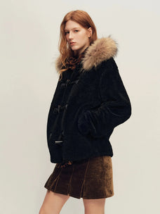 Firelady Fur Women's Hooded Merino Shearling Coat with Detachable Fur Collar and Toggle Closure