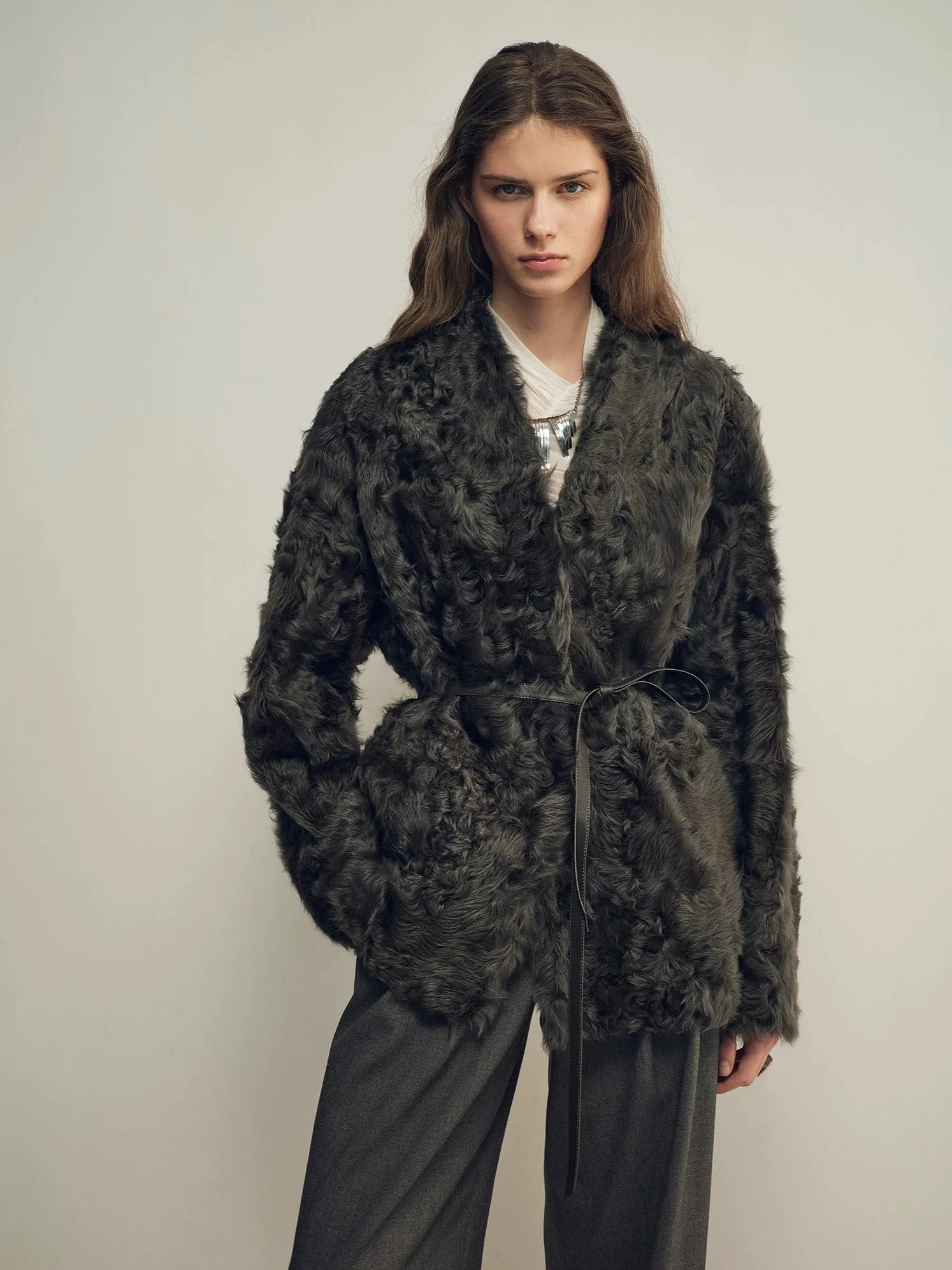 Firelady Fur Women's Shearling Coat - Belted V-Neck
