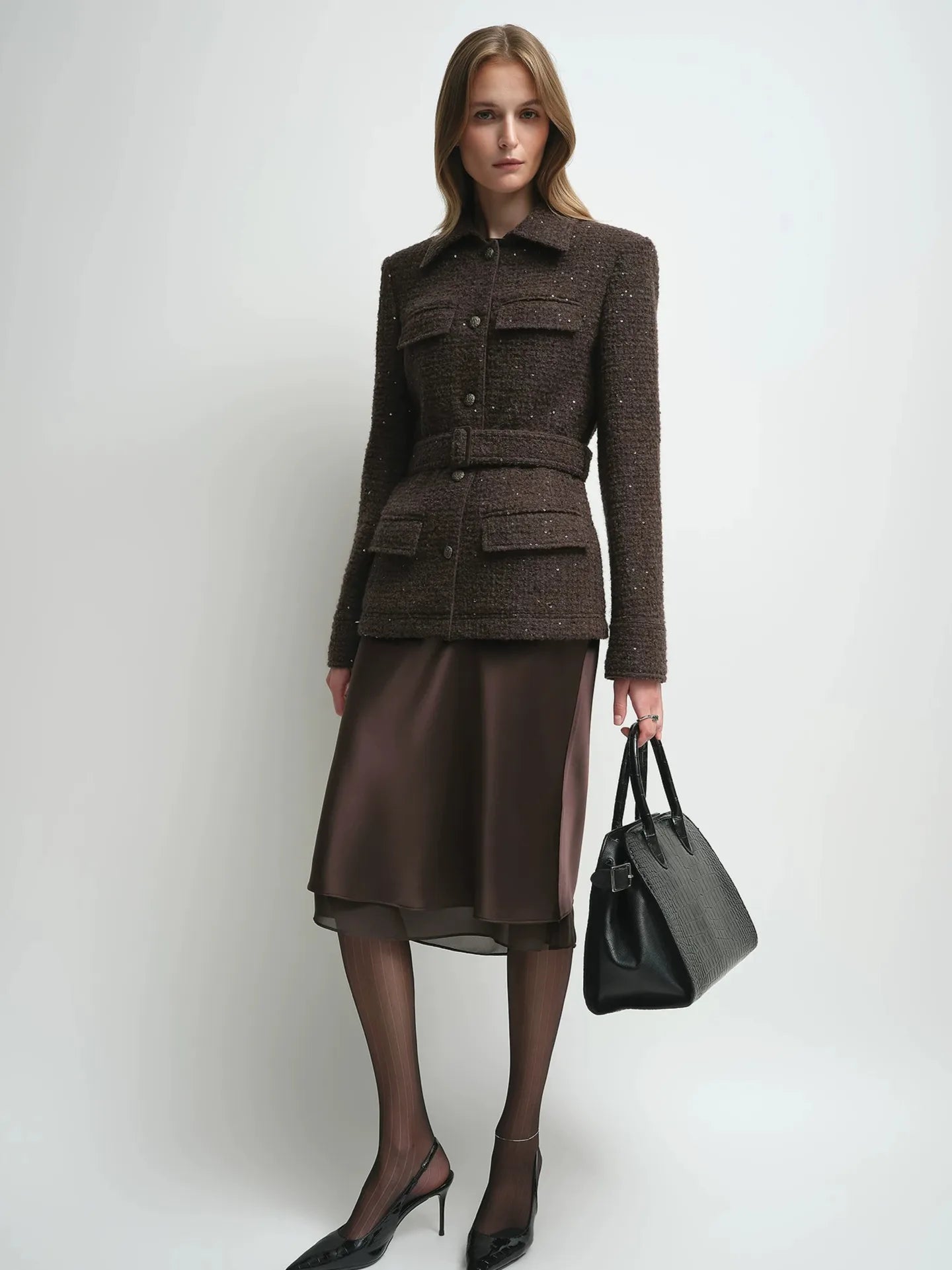Firelady Fur Women's Wool-Blend Tweed Jacket – Belted Four-Pocket Design