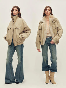 Parka en duvet pour femme, extérieur en sergé de coton et col amovible en peau lainée – Firelady Fur