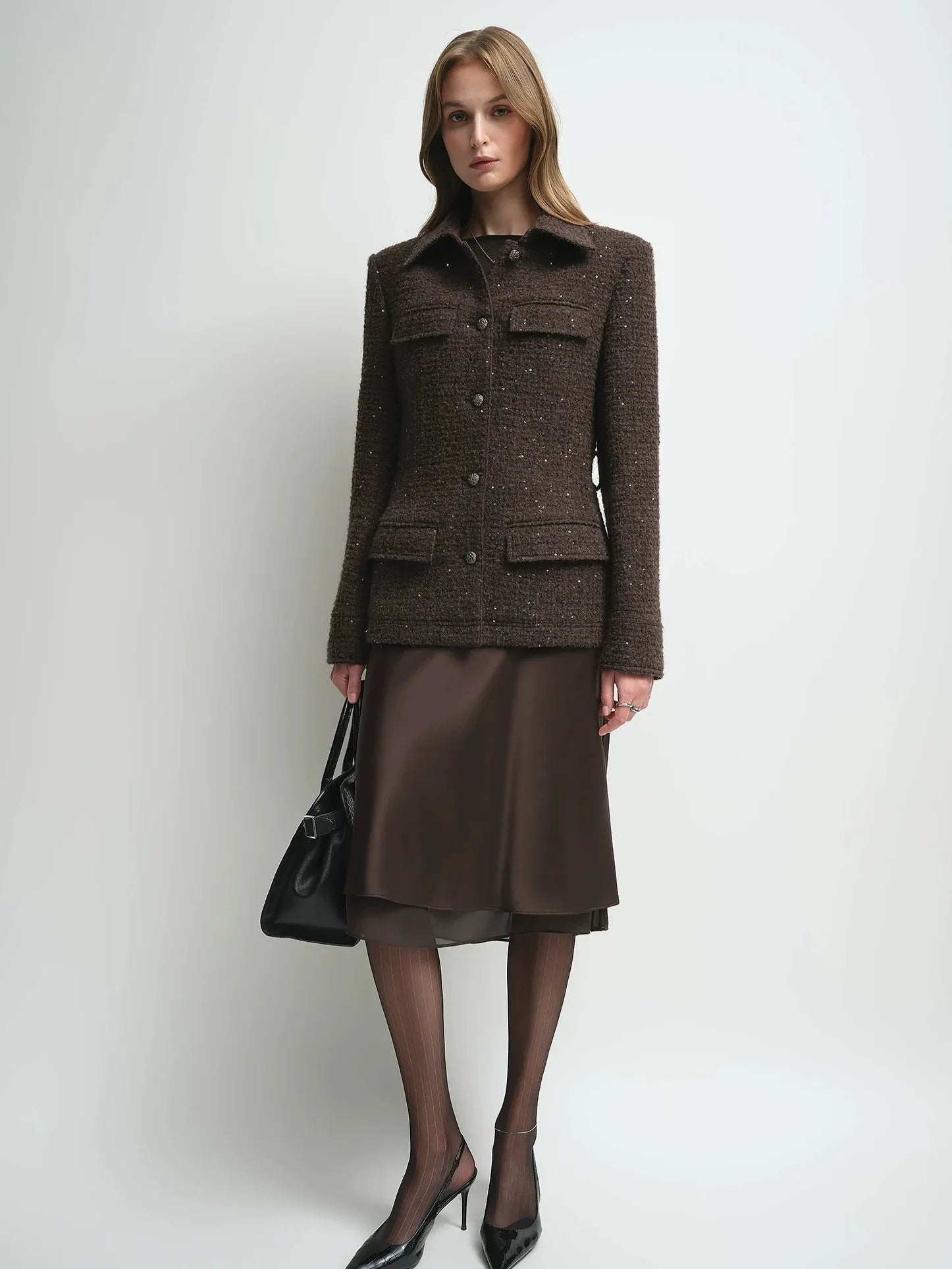 Firelady Fur Women's Wool-Blend Tweed Jacket – Belted Four-Pocket Design