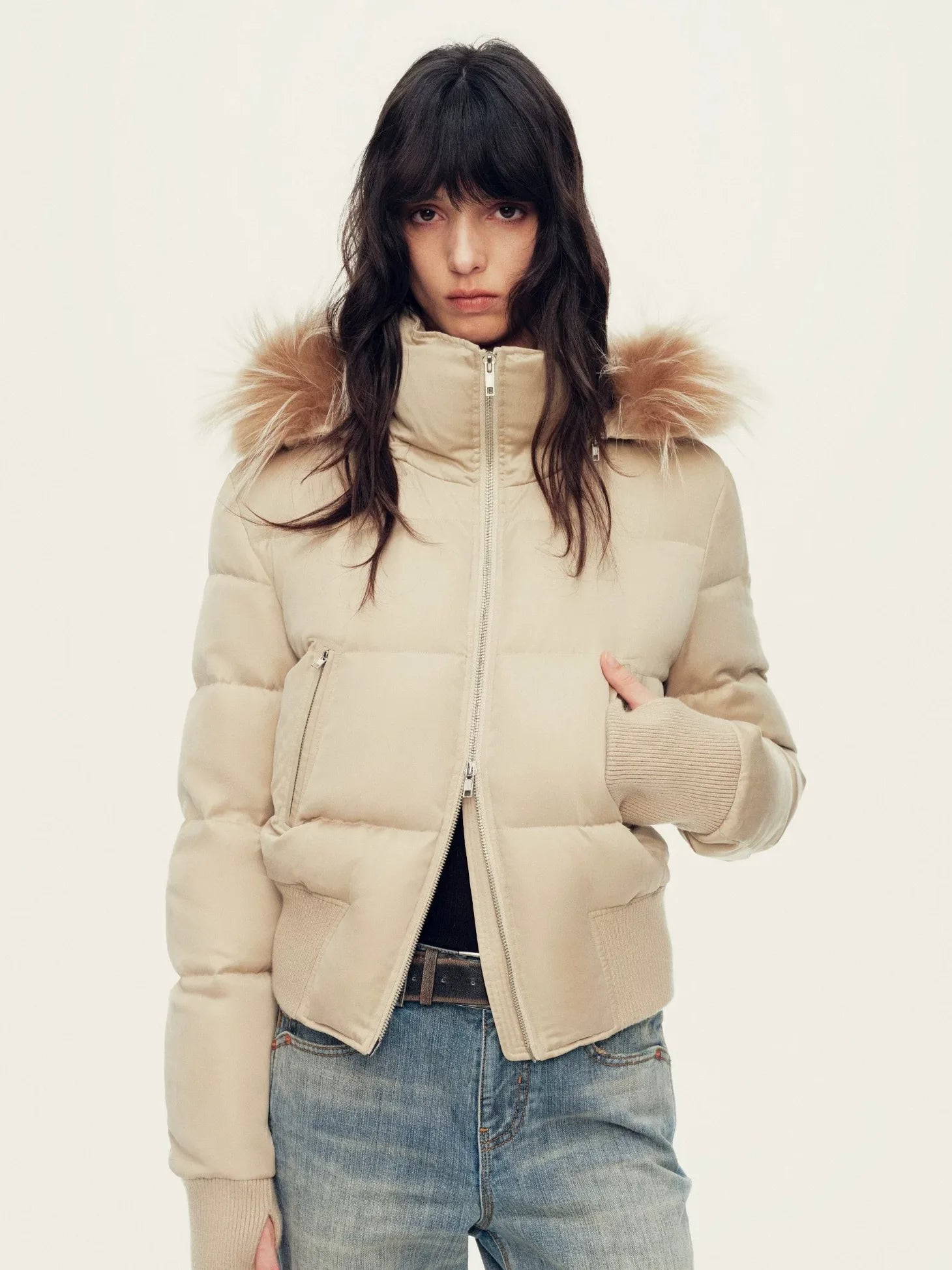Parka courte en duvet pour femme Firelady Fur – Col en fourrure de raton laveur