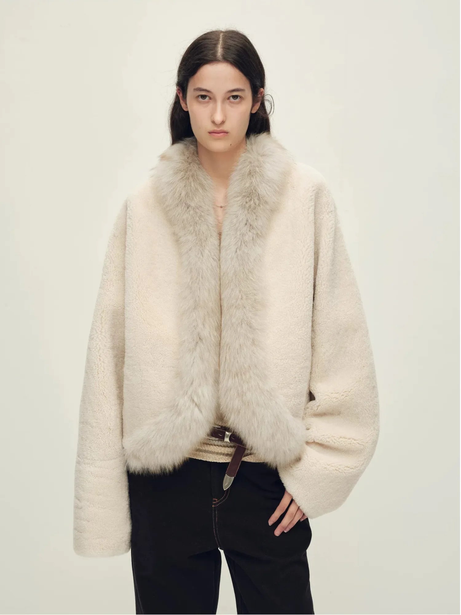 Firelady Fur Women's South African Merino Shearling Coat – Ombré Fox Fur Collar & Placket