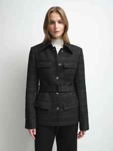 Firelady Fur Women's Wool-Blend Tweed Jacket – Belted Four-Pocket Design
