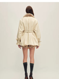 Firelady Fur Women's Belted Down Trench Parka - Shearling Collar in Beige Gray - view 3