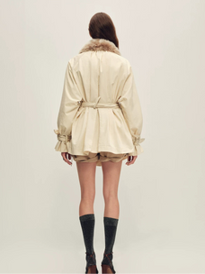 Firelady Fur Women's Belted Down Trench Parka - Shearling Collar in Beige Gray - view 3
