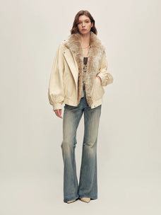 Firelady Fur Women's Harrington Down Parka - Detachable Merino Collar in Beige Gray - view 3