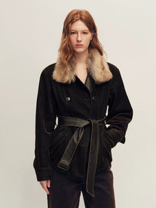 Firelady Fur Women's Belted Down Parka Jacket - Shearling Collar in Misty Black - front half