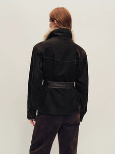 Firelady Fur Women's Belted Down Parka Jacket - Shearling Collar in Misty Black - view 3