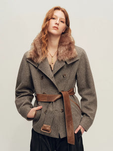 Firelady Fur Women's Belted Wool Parka Jacket - Shearling Collar in Heather Taupe - front half