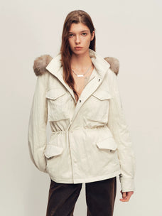 Firelady Fur Women's Hooded Down Parka - Detachable Fur Trim in Salt Sea Beige - front half