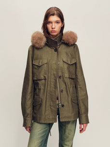 Firelady Fur Women's Hooded Down Parka - Detachable Fur Trim in Tundra Green - front half