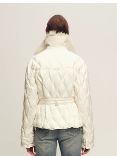 Firelady Fur Women's Quilted Down Jacket - Detachable Fox Fur Collar in Matte Cream - view 2