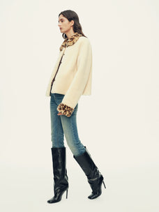Firelady Fur Women's Merino Shearling Jacket - Leopard Fur Collar and Cuffs in Apricot Beige - view 2