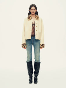 Firelady Fur Women's Merino Shearling Jacket - Leopard Fur Collar and Cuffs in Apricot Beige - view 3